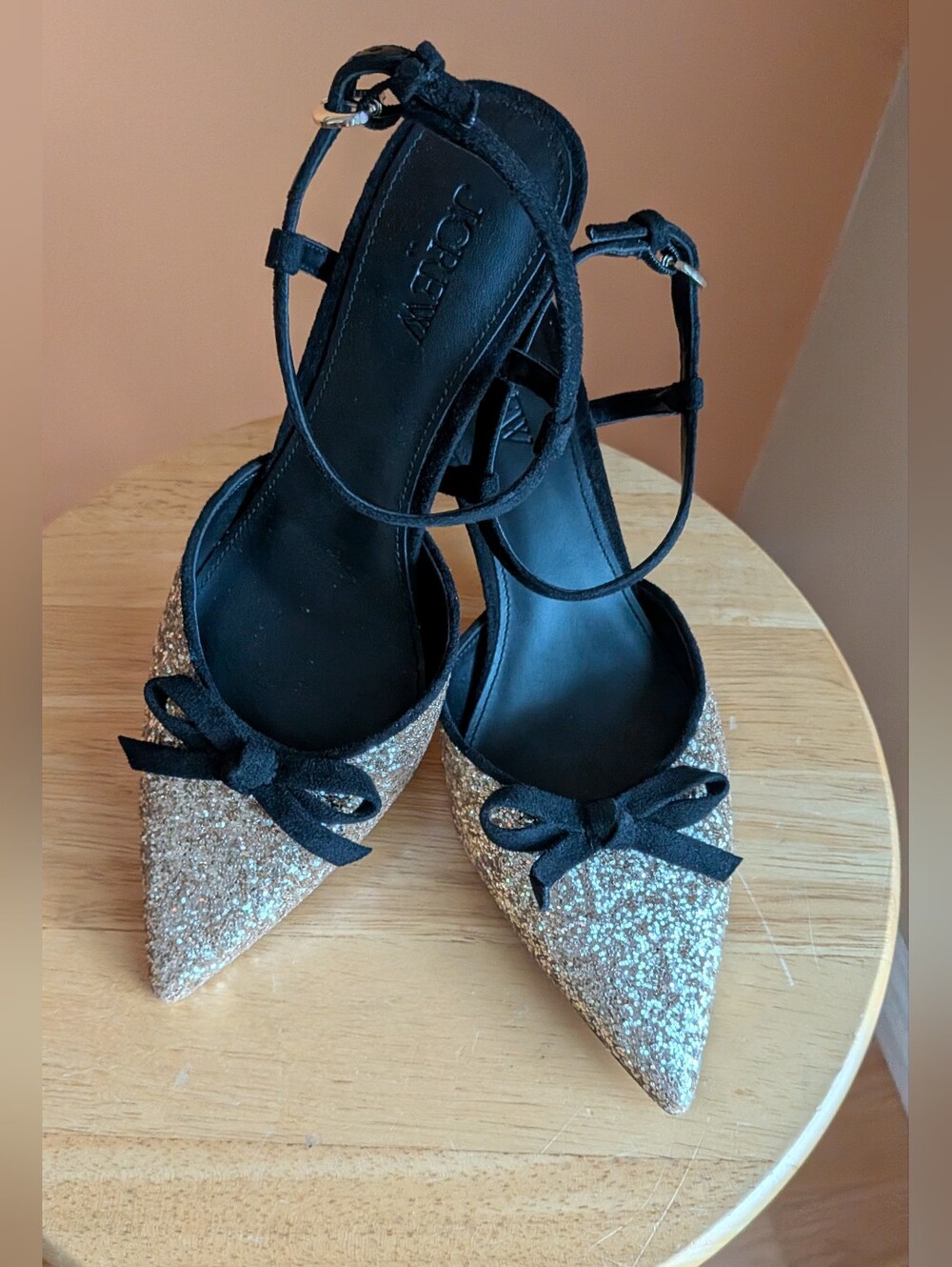 NEW J. Crew Women's Black & Gold Glitter Pointed Toe Slingback Heels Size 7